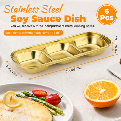 Sekonow Stainless Steel Soy Sauce Dish, 3 Grids Metal Dipping Bowls, Small Sauce Cups for Side Dishes Appetizer Dip Ingredient Prep Charcuterie, Gold Condiment Tray, 6 Pack