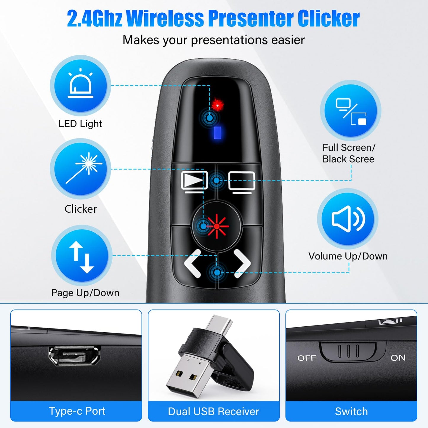 2-in-1 USB Type C Presentation Clicker, Clicker for PowerPoint Presentations, Rechargeable Wireless Presenter Remote, RF 2.4GHz USB PowerPoint Clicker Slide Advancer with Volume Control