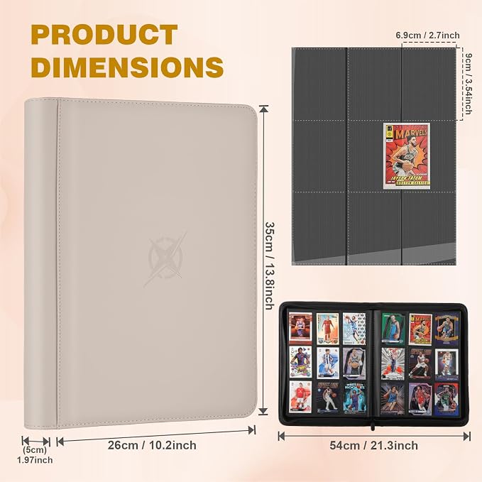 Trading Card Binder, Card Binder 9 Pocket for Trading Cards, Holds 540 Cards, Zippered Premium Card Collection Binder Album for Game Card, Sports Card, Yugioh, MTG (Ivory White)