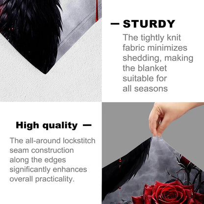 cromcu Raven Gothic Flannel Throw Blanket, 50x60in, Soft Warm Cozy Blankets with Black Raven and Red Rose, Gothic Gifts for Women Crow Lovers, Halloween Home Decor Dorm Office Travel Camping