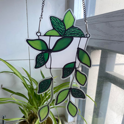 Green Plant Decor Stained Glass Window Hanging,Handcrafted Faux Plant Stained Glass Suncatcher for Window Hanging,Birthday Mother's Day for Women,Plant Lovers
