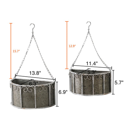 SOFE Farmhouse Galvanized Metal Hanging Planter Basket Set of 2, Unique Hanging Plant Pot Indoor Outdoor, 14 Inch/12inch Flower Pots Holder with Chain Hook, Home Garden Patio Decor