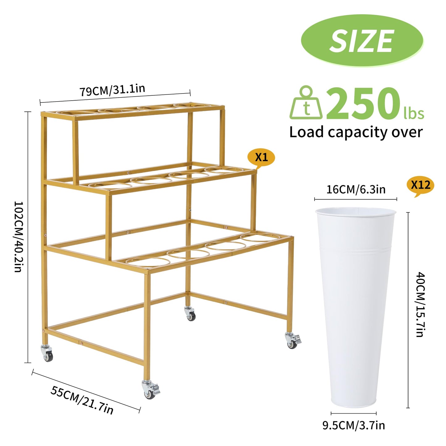 Ruifabo Flower Cart Display Stand, 3 Layers Metal Flower Bar Stand with 360° Swivel Wheels and Brake, Flower Display stand with Iron Buckets, Durable than Plastic Buckets, Flower Holder for Florist or Wedding