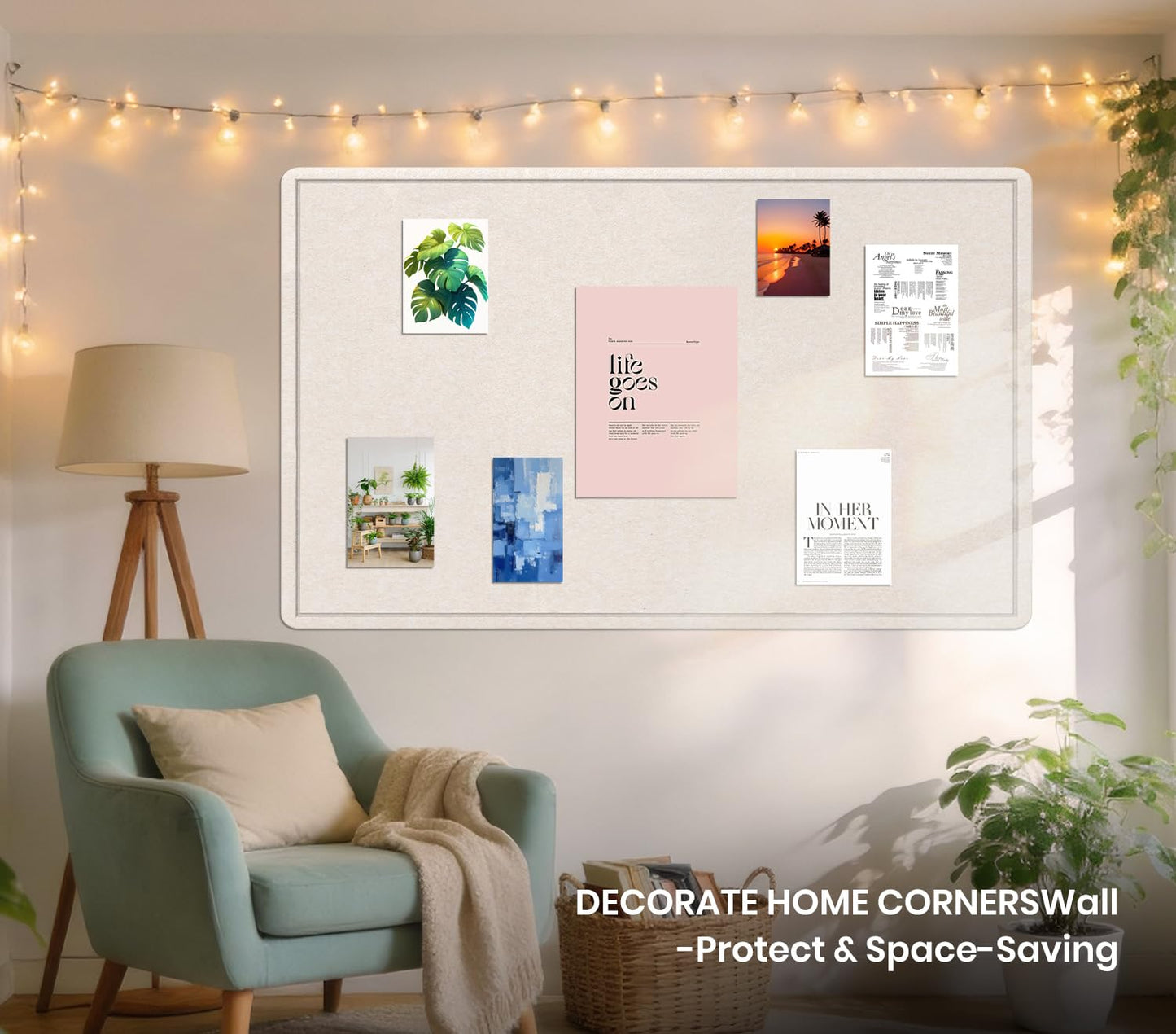 Bulletin Board - 35 x 17.5 inches Decorative Felt Pin Board - Cork Board Alternative for Wall - Foldable Photo Board Self-Adhesive Prayer Board with 20 Pushpins - Oatmeal