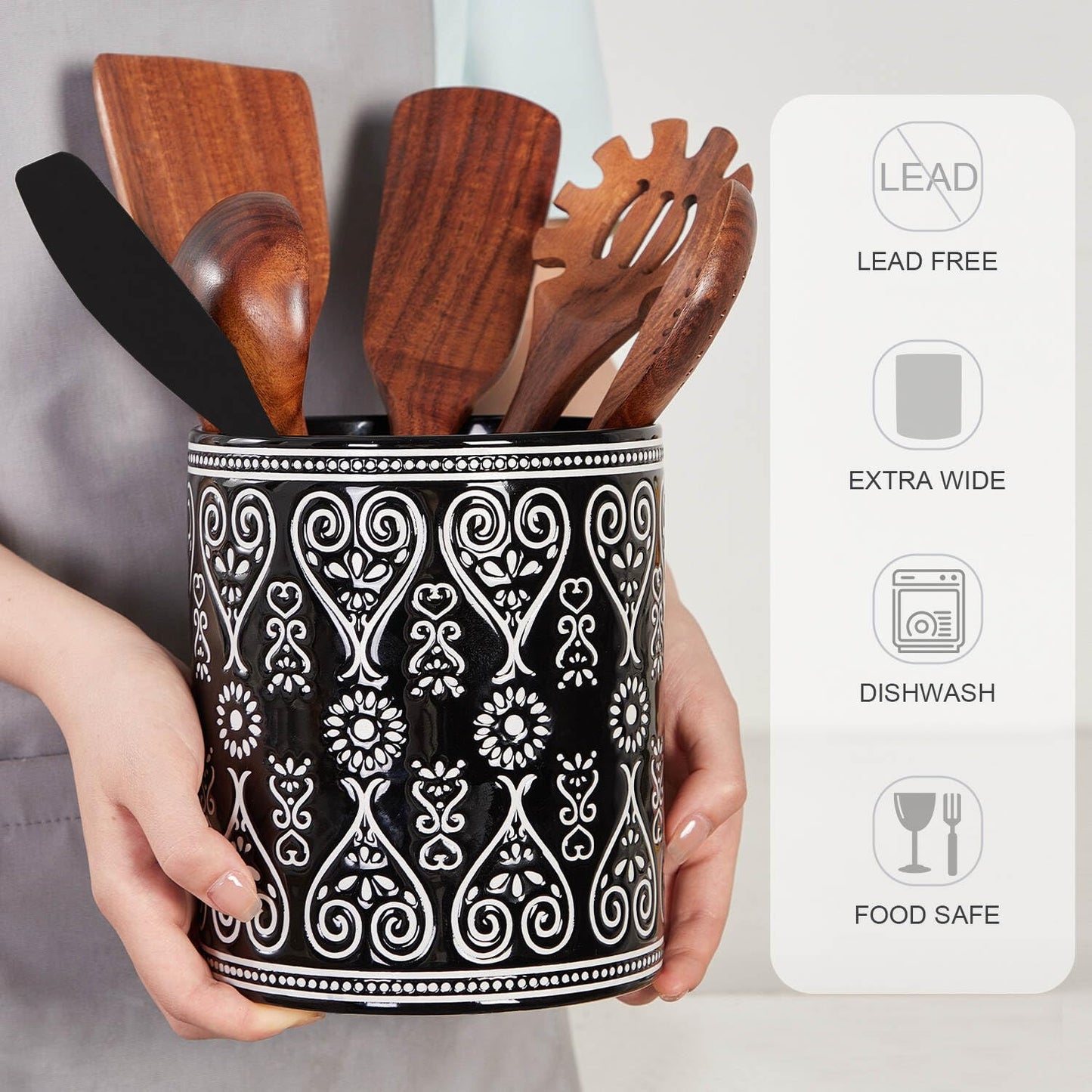 Delpnana Black Heavy Ceramic Utensil Holder, 7" Extra Large Kitchen Utensil Holder for Countertop, Cooking Ceramic Crock for Farmhouse Kitchen Decor