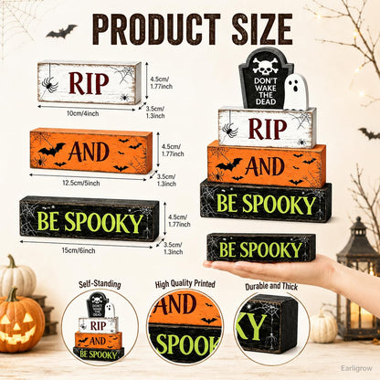 4 Pcs Halloween Table Decorations Ghost Tombstone Wooden Block Signs RIP and be Spooky Rustic Tiered Tray Decor Farmhouse Halloween Centerpiece with Bat for Home Kitchen Shelf Office Mantel