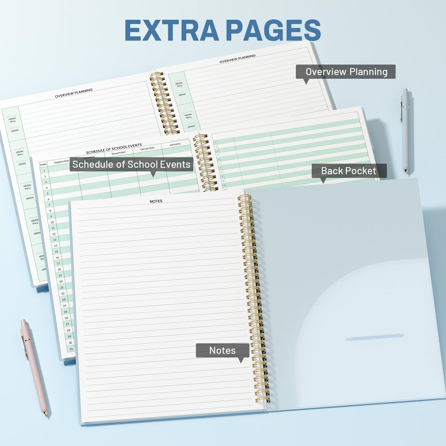 SUNEE 8 Period Teacher Lesson Plan Book - Days Vertically, Undated Teacher Planner 2026-2027 Academic Year, 8.5 x 11 Inch, 104 Pages/52 Sheets (40 Weeks), Waterproof Plastic Cover, Back Pocket, Blue