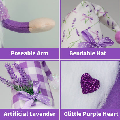 KnomeKo Spring Gnome Decor Set of 2, Lavender Gnomes with Sage Green & Purple Ribbon Bows, Plush Swedish Gnome Decorations for Home Tiered Tray Farmhouse Kitchen, Birthday Gift for Women