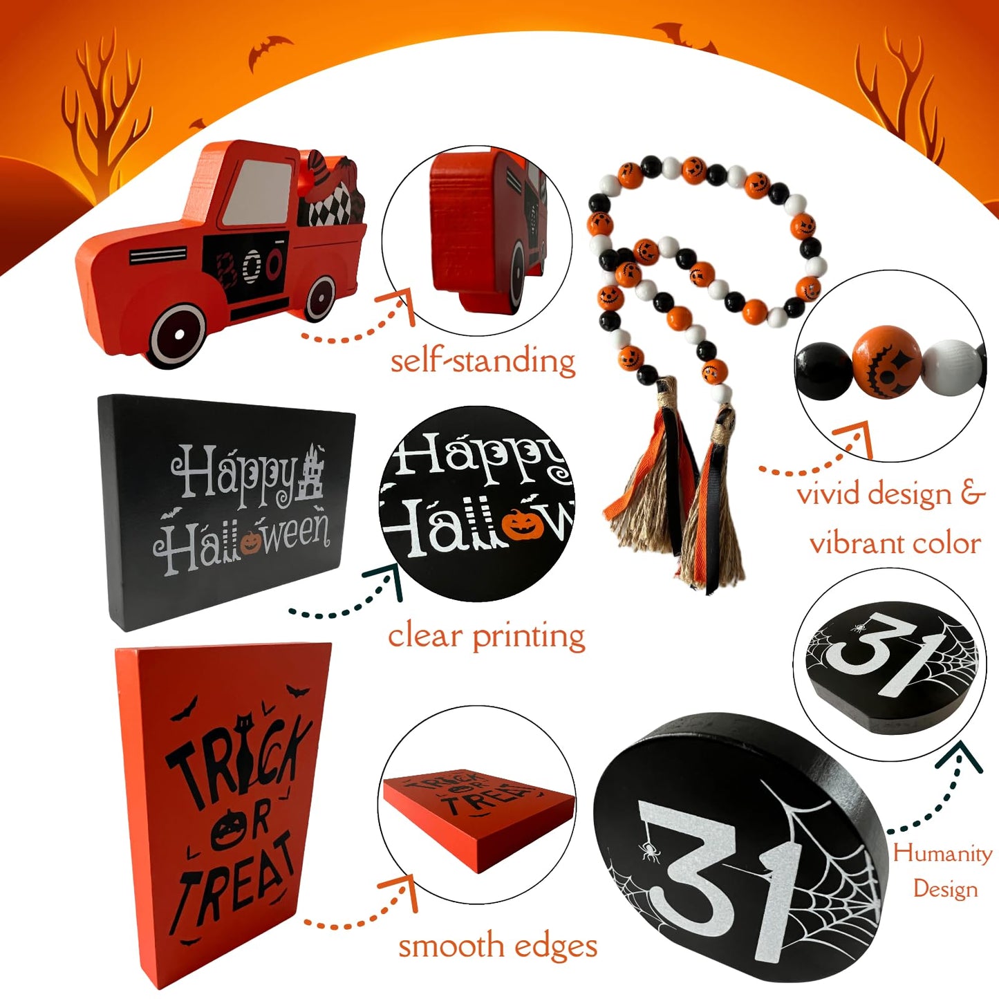 Halloween Decor, Halloween Decorations Indoor | 5Pcs Halloween Tiered Tray Decor - Boo Happy Halloween Wooden Signs and Bead Garland | Spooky Halloween Decor for Home Table