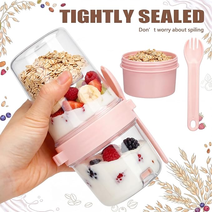 Mifoci 8 Pcs 27 oz Overnight Cereal Cup Portable Oats Container with Lid and Spoon for Yogurt Salad Fruit Oatmeal Cereal Overnight Oats Breakfast Vegetable Snack Cup(Pink)