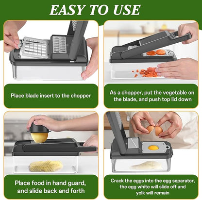 HomeHacks Vegetable Chopper Vegetable Cutter, 15 in 1 Kitchen Gadget, Dicer, Slicer, Onion Cutter, Salad, Cheese Grater & Egg Separator - Multi-Functional Veggie Chopper Lid with Handle (Grey)