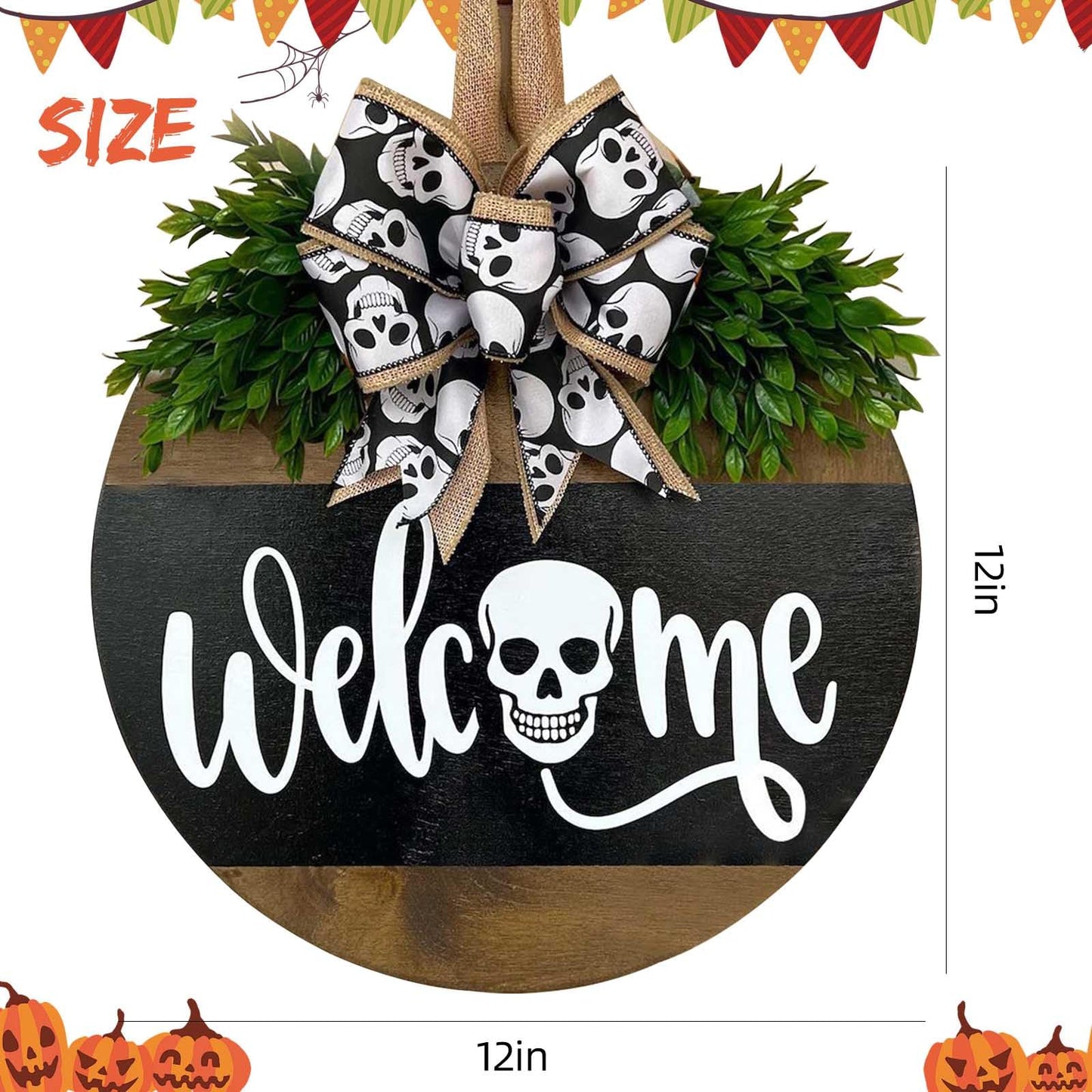 HONYUEYIM Halloween Wooden Hello Boo Ghost Bow Door Sign(Skull)