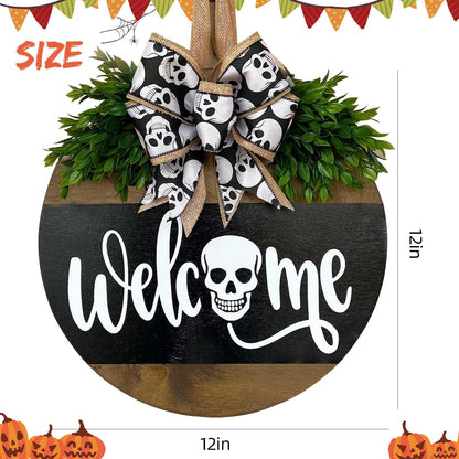 HONYUEYIM Halloween Wooden Hello Boo Ghost Bow Door Sign(Skull)