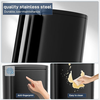 Arlopu13.2 Gallon Step Trash Can, Stainless Steel Garbage Bin, Soft-Close Rubbish Bin with Removable Plastic Inner Bucket, Fingerprint-Proof, Lid Dustbin, Suit for Kitchen Home (Black, 50L)