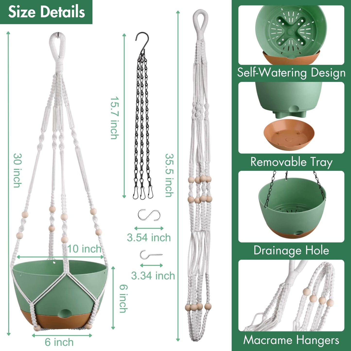 montresor Set of 2-10 Inch Hanging Planters and 5 Pack Green 5/5.5/6/6.5/7 Inch Self-Watering Pots Set