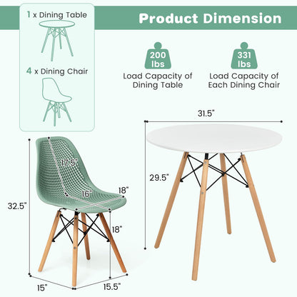 Giantex Round Dining Table Set for 4, 31.5" Kitchen Table and Chairs with Solid Wood Legs, Mesh Plastic Seats, Metal Frame, Space Saving Dinette Set for Apartment, Home Office (White+Green)