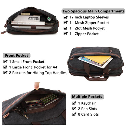 RAVUO Laptop Bag for Men, Water Resistant 17.3 Inch Laptop Messenger Bag Slim Canvas Briefcase for Work Business Black
