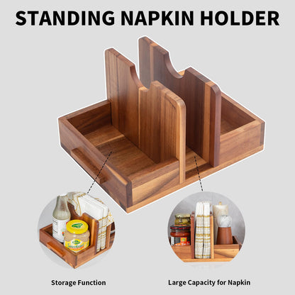 Napkin Holder, Acacia Wood Napkins Holder for Kitchen with Storage Function to Organize Salt and Pepper Shakers, Standing Napkin Dispenser for Decor Dining Room Party Cocktail Restaurant Outdoor Use