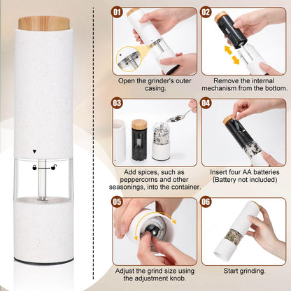 Threlaco Electric Salt and Pepper Grinder Set with 1 Portable Spill Proof Base 2 Packs Battery Operated Salt Pepper shakers with Adjustable Coarseness Light Wheat Straw Grinder for Kitchen(White)