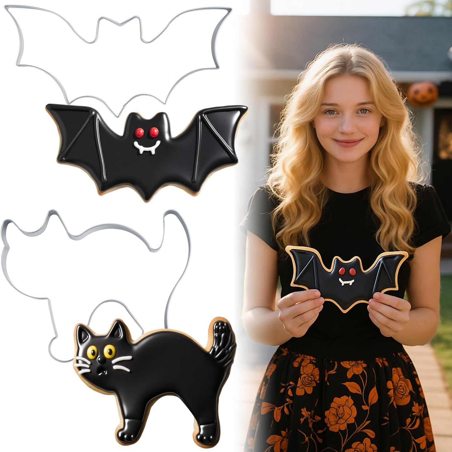 Teenyyou 2 Pcs Extra Large 8" Halloween Cookie Cutters Including Scared Cat and Bat Shaped Stainless Steel Mold Cutters for Halloween Holiday Baking