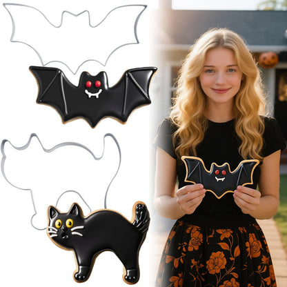 Teenyyou 2 Pcs Extra Large 8" Halloween Cookie Cutters Including Scared Cat and Bat Shaped Stainless Steel Mold Cutters for Halloween Holiday Baking
