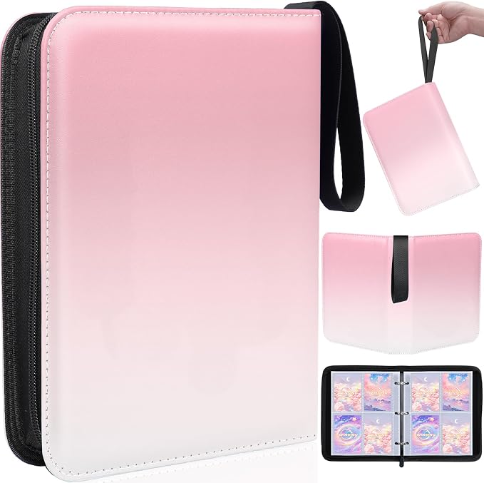 Card Binder 4 Pocket, 400 Pockets Card Holder Compatible with Game Cards Gift for Girls, Trading Card Binder Album Case Book Storage CCG, MTG, Baseball, Football, Sports - Small,Pink White