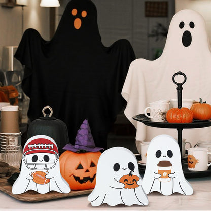 Geelin 3 Pcs Halloween Coffee Bar Ghost Decor Cute Halloween Kitchen Decorations Coffee Bar Wooden Tiered Tray Table Sign Football Pumpkin Tabletop Centerpiece for Home Office Freshly Shelf Display