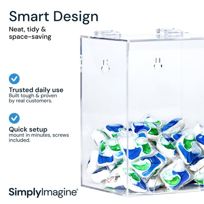SimplyImagine Clear Acrylic Glove Dispenser - Storage Wall Mount Storage for Hairnets, Masks, and Laundry Pods - 8.25" H x 6.5" W x 5" Holder for Estheticians and Home - Hardware Included