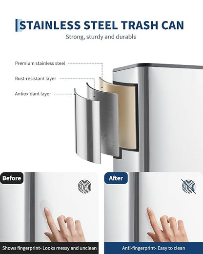 4 Gallon/15 Liter Trash Can, Stainless Steel Step Garbage Can with Quiet Soft-Close Lid, Foot Pedal & Removable Inner Bucket, Rectangular Trash Bin for for Living Room Home Office, Silver