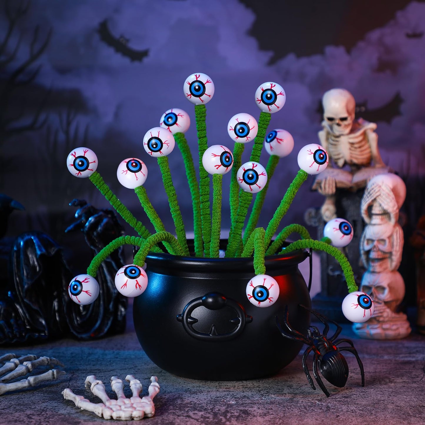 Wavwavw 12 Pcs Halloween Eyeball Picks Halloween Floral Picks 10 Inch Branch Green Decoration Stems Props Decor for Home Office Party Indoor Gifts(Green)