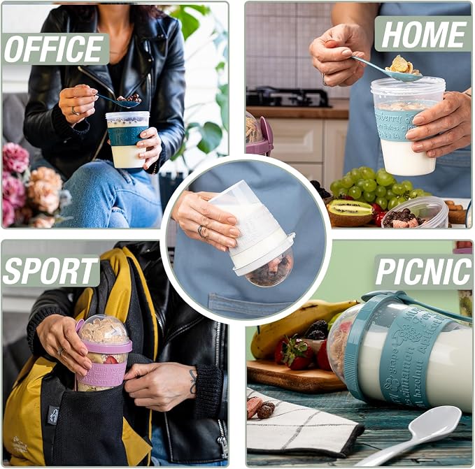 5 Pack On The Go Cereal Yogurt Cups with Lids and Spoon, Overnight Oats Container, Reusable Parfait Plastic Milk Jar Breakfast Crunch Granola Oatmeal Smoothie Snack Prep Bowl