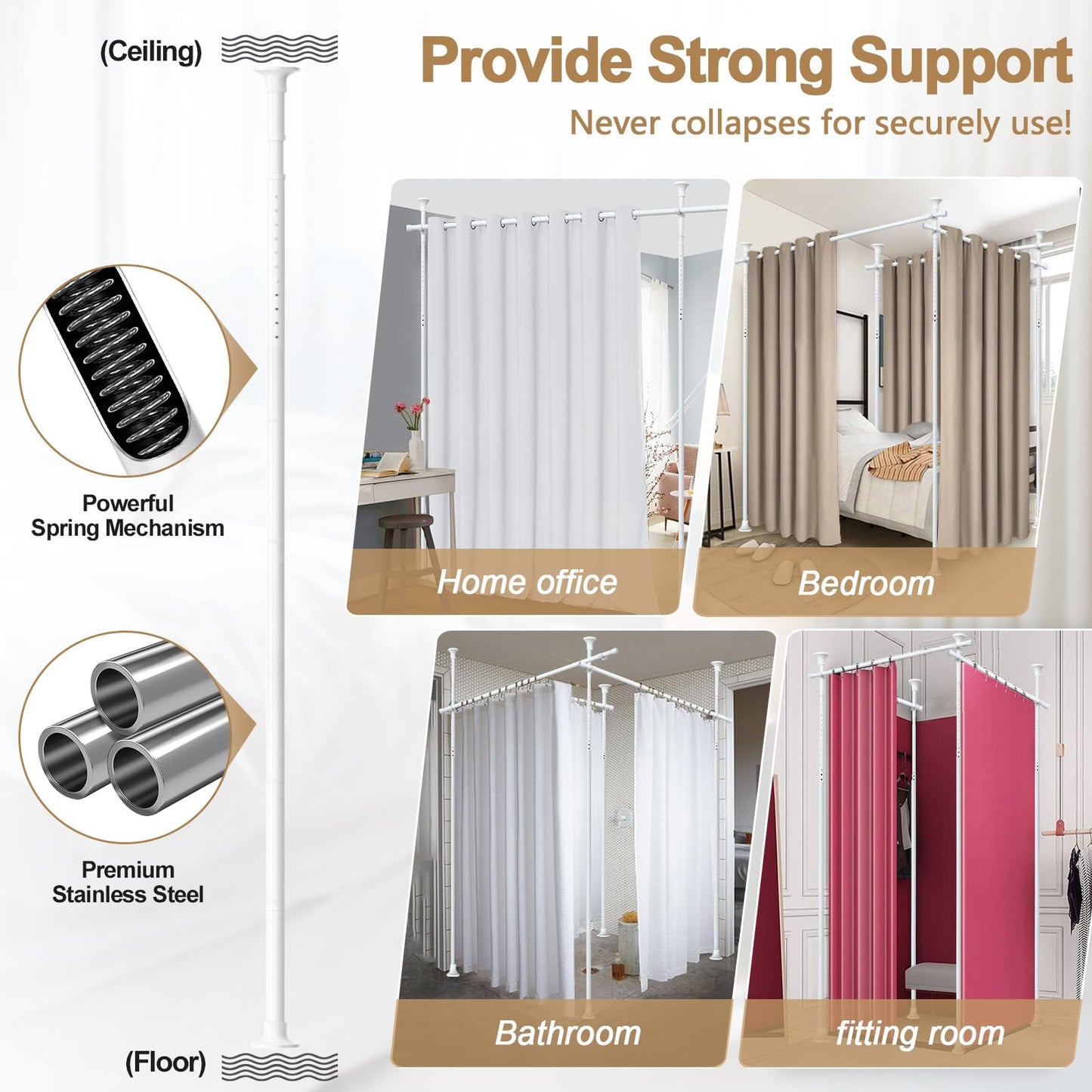 Room Divider Curtain Rod - 4-10ft(H) 28-171inch(W) Adjustable No Drilling Curtain Divider for Room Separation,Heavy Duty Floor to Ceiling Curtain Stand,Wall Divider for Space Separator Partition,White