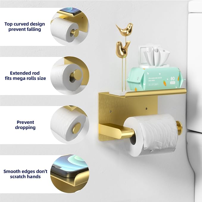 GLNLQ Brushed Gold Toilet Paper Holder Wall Mount, Fits Mega Rolls Size Rustproof Self Adhesive Brushed Brass Toilet Paper Holder Gold with Shelf