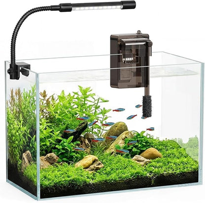Glass Fish Tank Kit, 3 Gallon Betta Fish Tank Aquarium Starter Kit with Filter, Lights, Lid, for Betta, Goldfish, Small Fish or shrimg，Clear