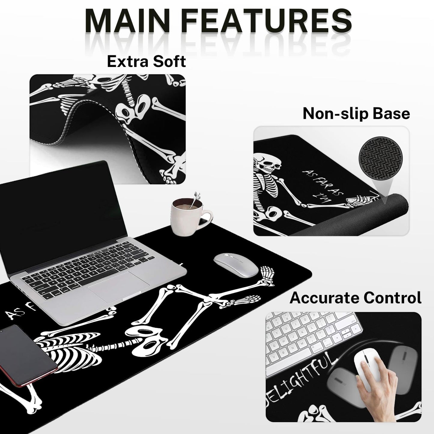 Britimes Black Skull Skeleton Keyboard Mouse Pad Set 4in1 Large Mousepad+Keyboard Wrist Rest+Mouse Wrist Rest+Coaster Set with Ergonomic Design for Home Office Computer 35.4x15.7 inches