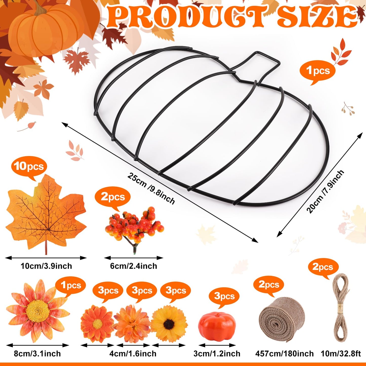 Fall Pumpkin Metal Wreath Frame, Pumpkin Shaped Wire Wreath Frame with Maple Leaves Fake Flowers Mini Pumpkin Berries, DIY 3D Pumpkin Frame for Indoor Outdoor Garden Home Kitchen Craft Decor