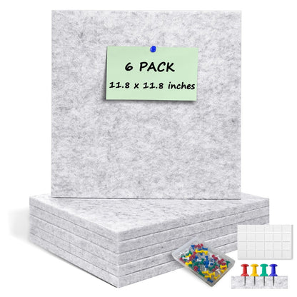 ANLIOTE 6 Pack Cork Board Felt Bulletin Board with 60 Push Pins, 1/2" Thick Pinboard Square Tiles for Wall Organizer - Home Office Classroom Decor, Photo Display, Memo Board (11.8"x11.8"- Light Grey)