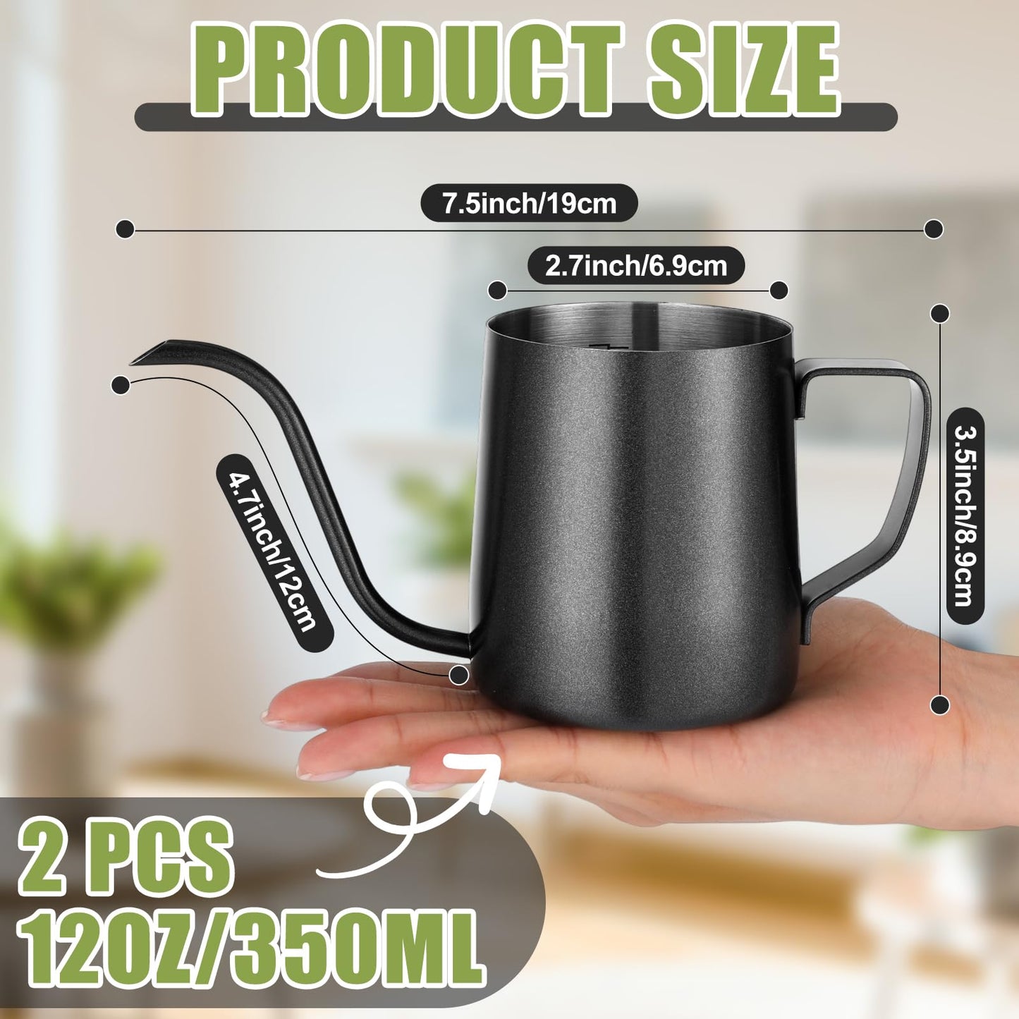 Teecyhooo 2 Pcs Small Watering Can for Indoor Plants, 12 Oz/350 ml Mini Plant Watering Pot with Long Spout and Scale 304 Stainless Steel Tiny Watering-can for Outdoor Indoor Plants Garden(Black)