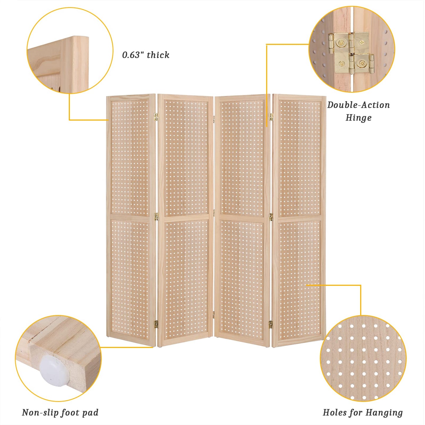 Bonnlo 4 Panel Pegboard Freestanding, 5 FT Portable Display Board Organizer for Craft Show Jewelry, Wooden Folding Privacy Screen Room Divider (with Base, Natural)