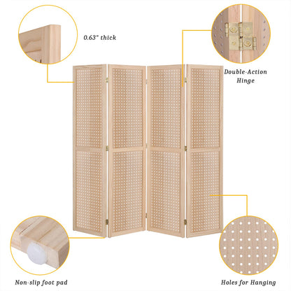 Bonnlo 4 Panel Pegboard Freestanding, 5 FT Portable Display Board Organizer for Craft Show Jewelry, Wooden Folding Privacy Screen Room Divider (with Base, Natural)