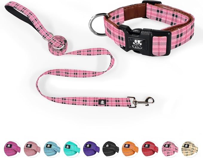 NESTROAD Dog Collar and Leash Set,Soft Neoprene Pet Collar with Quick Release Buckle,Adjustable Nylon Dog Collars for Small Medium Large Dogs(Small,Cherecked Pink)