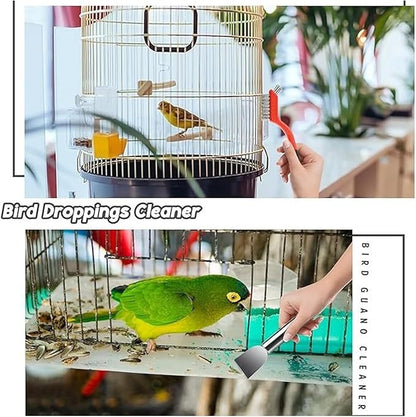 Luqeeg 7Pcs Bird Cage Cleaning Tools Set, Fork Brush Scraper Broom Dustpan Gloves Kit, Stainless Steel Bird Droppings Scraper Tool for Parakeet Items Small Animal Cage Cleaning