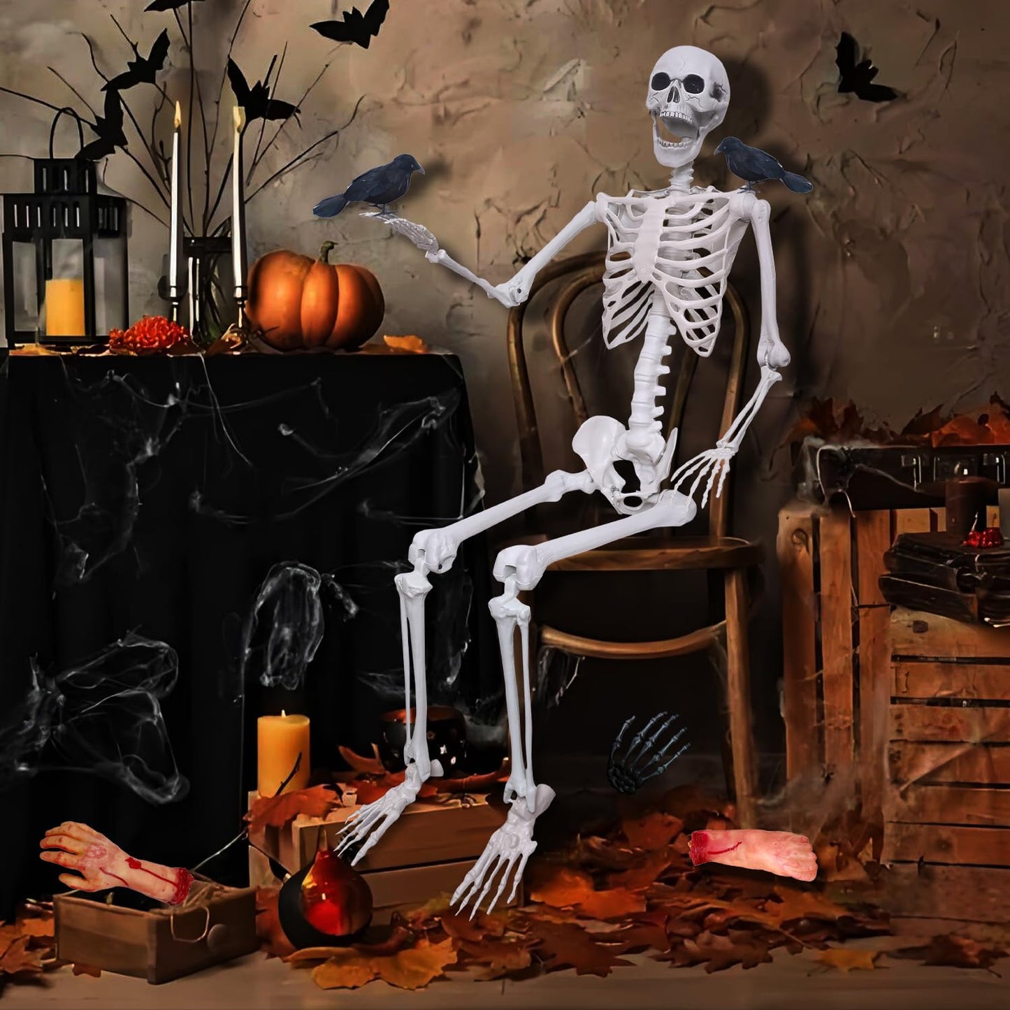 LOSFOTBO 5.4ft/165cm Halloween Skeleton with Realistic Crows Full Body Plastic Human Bones with Movable Joints for Indoor Outdoor Halloween Decor