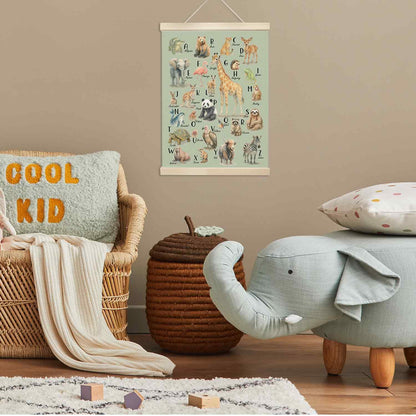 Xmsaitar Classroom Animals Zoo Alphabet Poster Hanger Frame Wall Decor, Green ABC Prints for Wall Hanging Decor Art, Nursery Educational Banner for Kids Toddler Room Dorm Playroom Preschool 12x16in