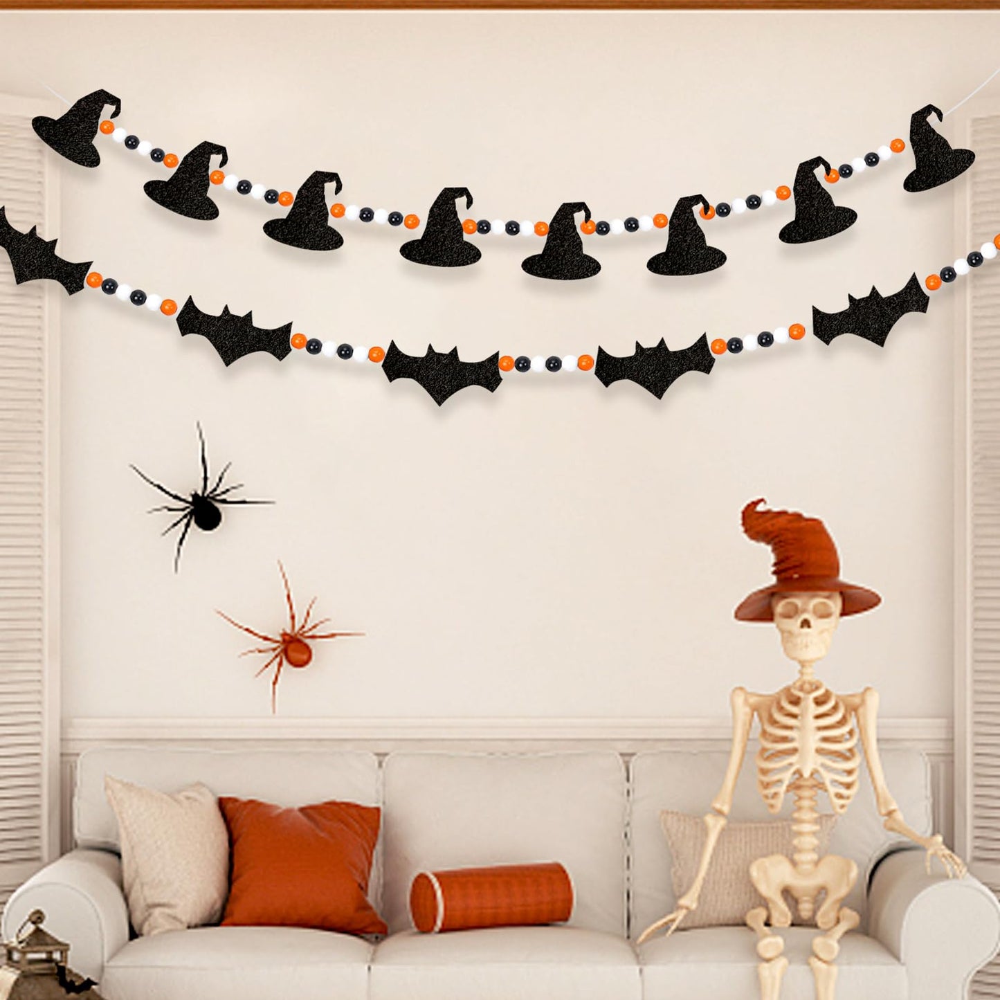 XEFINAL 2 PCS Halloween Felt Bats Witch and Wood Beads Garland Halloween for Mantle Garland Banner Decor Indoor Outdoor Haunted House Decoration