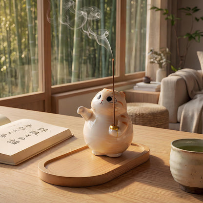 ZKSYLSM Cat Incense Holder - Cute Ceramic Incense Burner with Bamboo Ash Catcher Tray, Orange Tabby Cat Meditation Decor for Home Office, Zen Desk Accessories (3.4" L x 2.8" W x 3.5" H)
