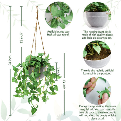 TNNTOPELE Hanging Plant Fake Plants with Pots, 2 Pack Artificial Plants, Faux Anthurium Leaf Basket for Wall Home Room Indoor Outdoor Decor