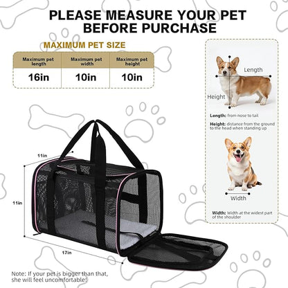Cat Carrier Soft-Sided Dog Pet Carrier Pets Travel Carriers for Big Cats Small Dogs Mesh Puppy Carry Bag,TSA Airline Up to 16 Lbs (Pink, 17 * 11 * 11)