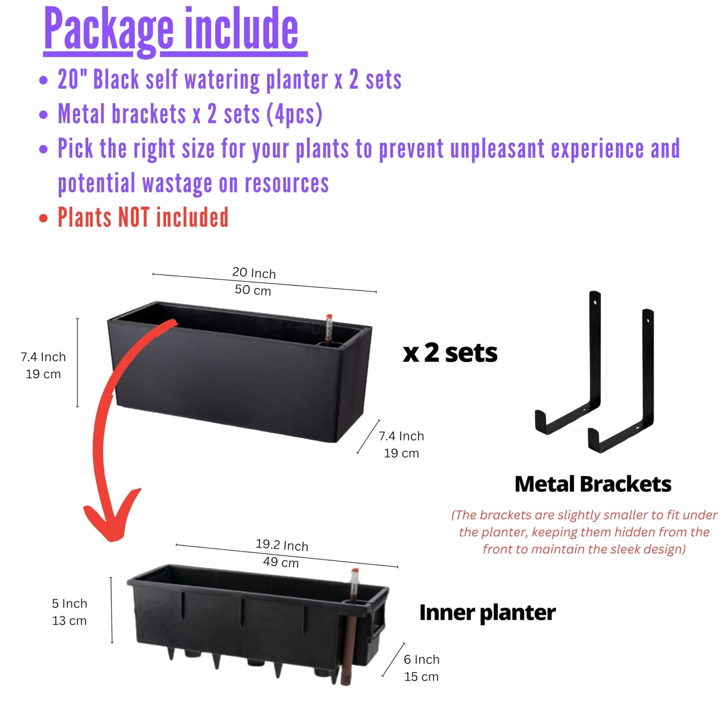 LaLaGreen Wall Planters for Indoor (2 Pack, 20 Inch) Black Self Watering Rectangular Window Planter Box Outdoor with Bracket Wall Mount Vertical Garden Balcony Herb Plant Holder Stylish Flower Pot