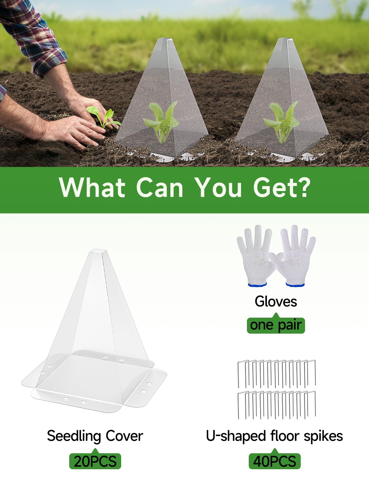 SENWELL-KA 20 Pack Garden Cloches for Plants - Clear Reusable Plastic Seedling Covers with 40 Metal Stakes - Mini Greenhouse Plant Bell Covers for Frost, Sun, Pests Protection(7.8" x 11")